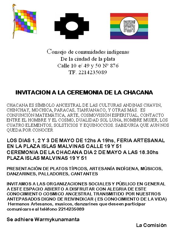 Argentina, La Plata: INVITACION A LA CEREMONIA DE LA CHACANA