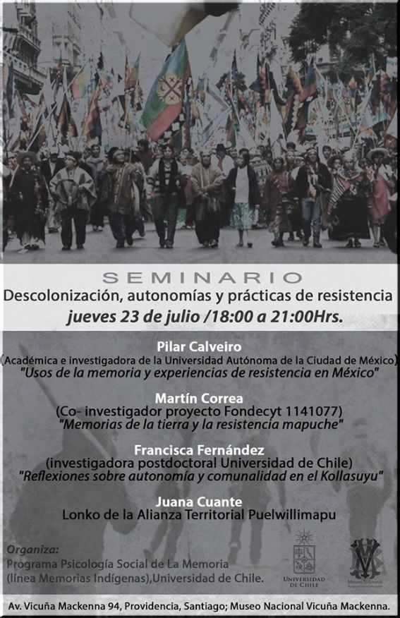Santiago,Chile : SEMINARIO "Descolonización, autonomías y prácticas de resistencia"