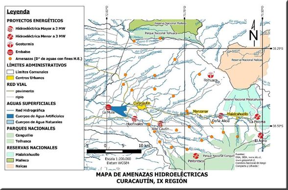 Mapa de los proyectos energéticos que amenazan territorios de Curacautín