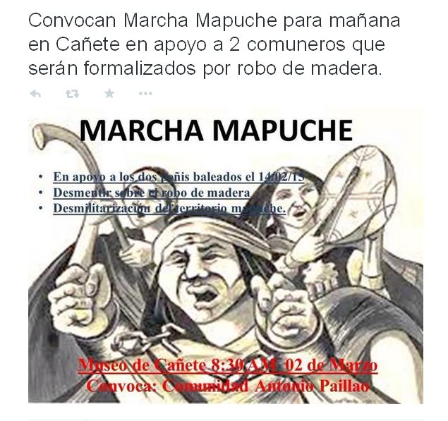 Cañete :  Convocan Marcha Mapuche para mañana lunes  2 de Marzo 2015 8:30hrs.