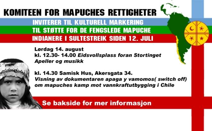 Til støtte for de fengslede mapuche indianere i sultestreik  siden 12. juli