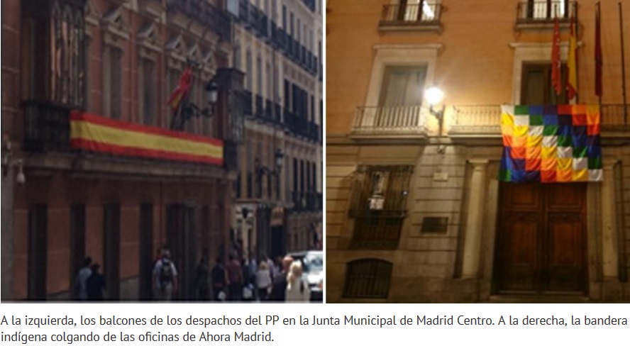 Guerra de banderas en los balcones del Ayuntamiento de Madrid